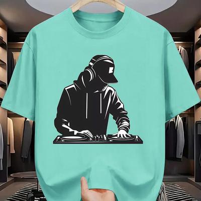 TEMU Men's Casual Crew Neck T-shirt, Polyester Knit Fabric, Regular Fit, Short Sleeve Tee With Stretch, With Dj , For Summer Adult Fashion Top Image