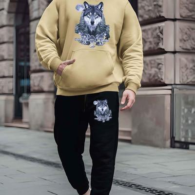 TEMU Men's Wolf Face & Pine Trees Print Hoodie And Jogger Set - Red Long Sleeve, Polyester Casual Sports Outfit For Autumn/winter, Casual Sportswear| Hoodie| Fabric, Jogging Pants Image