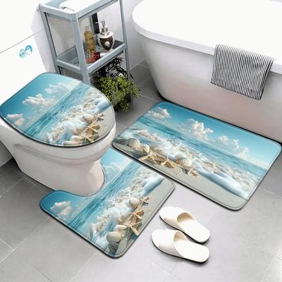 TEMU Open 3pcs/4pcs Seaside Shell Pattern Bathroom Mat Set Toilet Seat Ring U-shaped Foot Pad Image