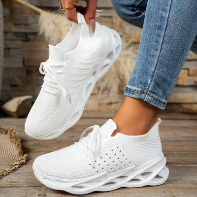 TEMU Women' Knit Sneakers With Eva Sole - White, Breathable, Lace-up Casual Sports , Low Top, Round Toe, Sneakers | Minimalist Sneakers | Knit Upper Sneakers Image