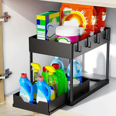 TEMU 1pc 2-tier Sliding Sink Storage Box With Hooks, Plastic Cabinet Basket Storage Drawer For Bathroom Kitchen, Space Saving , Under-sink Organizer And Storage Image