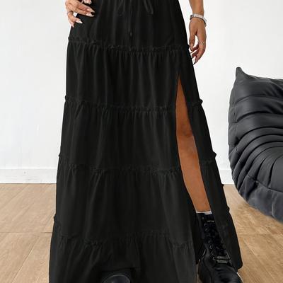 TEMU Elegant Black Long Layered Skirt With Hem And Side Slit - Lightweight Polyester Blend For Spring, Summer, And Fall - Machine Washable Loose 's Fashion Skirt, Maxi Skirt Image