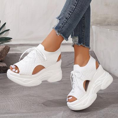 TEMU Women' Summer Platform Sandals - Black & White High Heel, Toe, Cut-out Design, Casual Beach Vacation Shoes, Breathable Fabric Upper, Pu Cover Sole, Hand Wash Or , Ladies Sandals Image