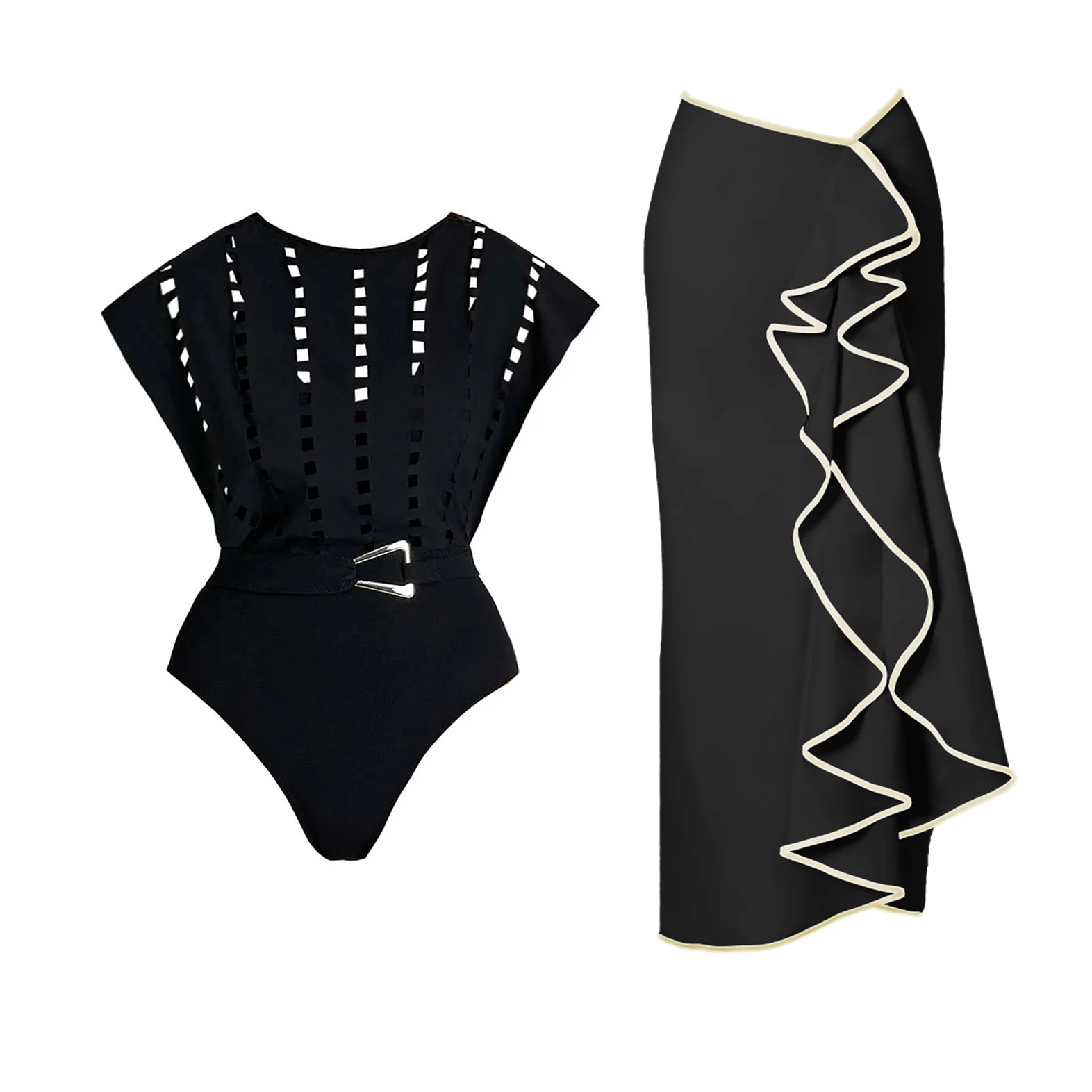 Neue 2Pcs Schwarz Hohl Badeanzug Frauen Sexy Bademode Mit Midi Rock Push-Up Bikini Weibliche Biquini Badeanzug Bodysuit Beachwear Image