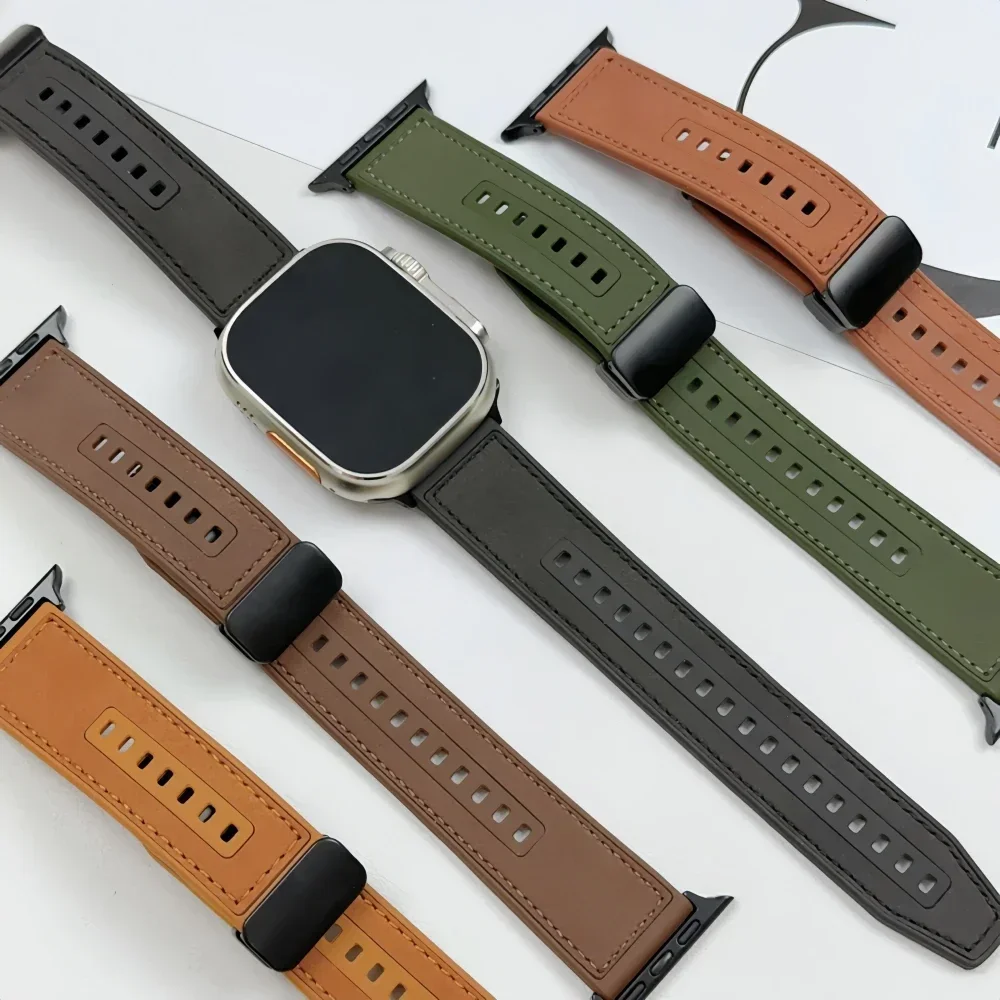 Silikon + Lederband für Apple Watch Armband 41 42 44 45 49 mm 46 mm Retro Magnetschnalle Armbänder iWatch Ultra Serie 10 9 8 7 SE Image