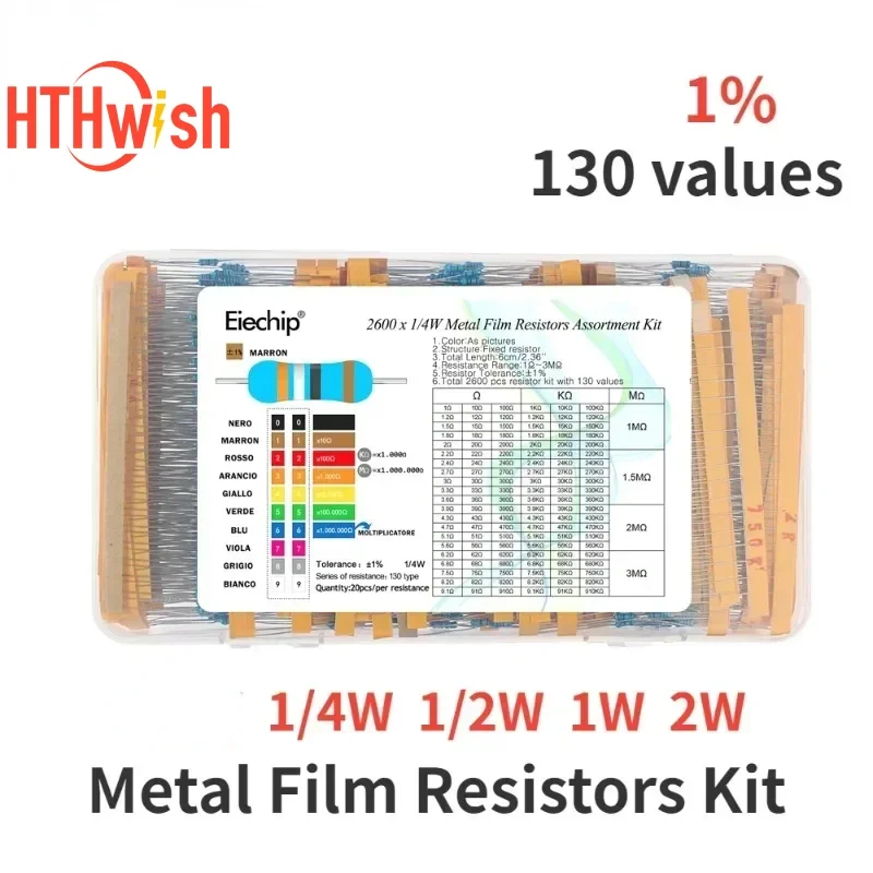 650–2600 Stück 1/4 W 1/2 W 1 W 2 W Metallschichtwiderstand, sortiertes Kit, 1–3 m Ohm Widerstand, 130 Werte, Satz Widerstände, 1 % hochwertig Image