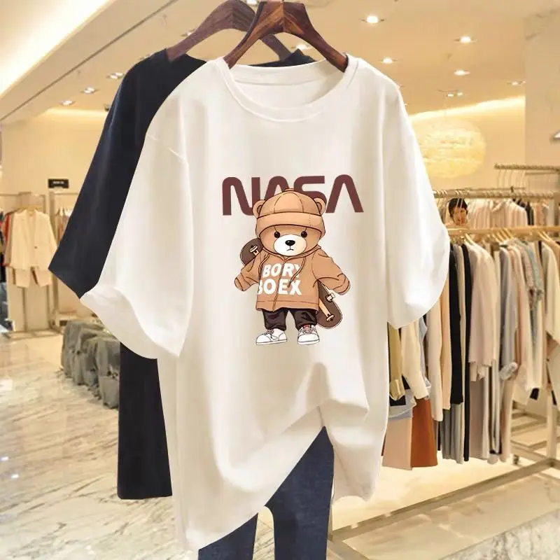 Frauen Kleidung Elegante Süße Cartoon Print T-shirt Sommer Casual Lose Reine Baumwolle Kurzarm Top Büro Dame Fashion Tees Image