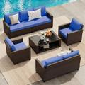 Homhougo Patio Furniture Set 5 Pieces Rattan Wicker Sectional Patio Seating Sofas with Cushions and Glass Coffee Table Patio Conversation Sets Outside Couch Set for Balcony Porch Garden Pool Blue