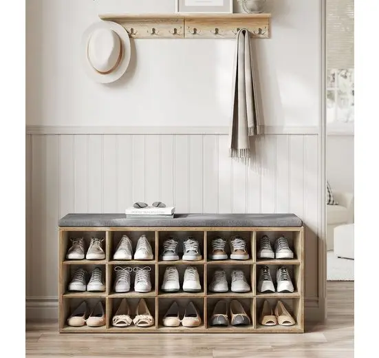 VASAGLE Schuhbank, Sitzbank, Schuhregal mit Sitzfläche, mit Kissen und 15 Fächern, Aufbewahrungsregal, hält bis zu 200 kg