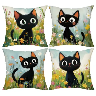 Niedliche schwarze Katze – Kissenbezüge mit Blumenmuster, Wohnzimmer-Sofa-Kissenbezug, weich und Image