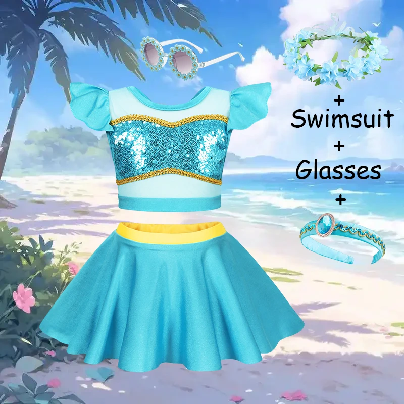 Sommer Kind Mädchen Badeanzug Strand Kleidung Für Kinder Zwei-stück Bikini Pailletten Rüschen Rand Baby Tops Nette Mädchen Jasmin prinzessin Image