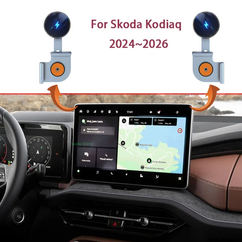 Für Skoda Kodiaq 2024 2025 Auto Telefon Halter Display Feste Magnetische Saug Drahtlose Ladestation Aluminium Legierung Basis Halterungen Image