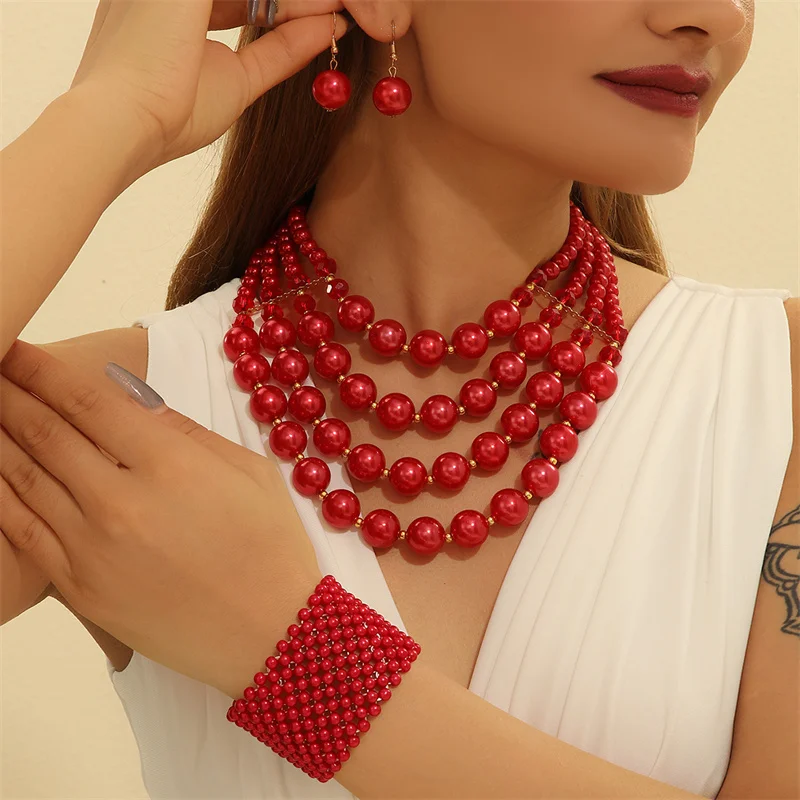 1set Übertrieben Vier Schicht Runde Perlen Imitation Perle Halskette Ohrringe Armband Schmuck Sets Erklärung Handgemachten Schmuck Geschenk Image