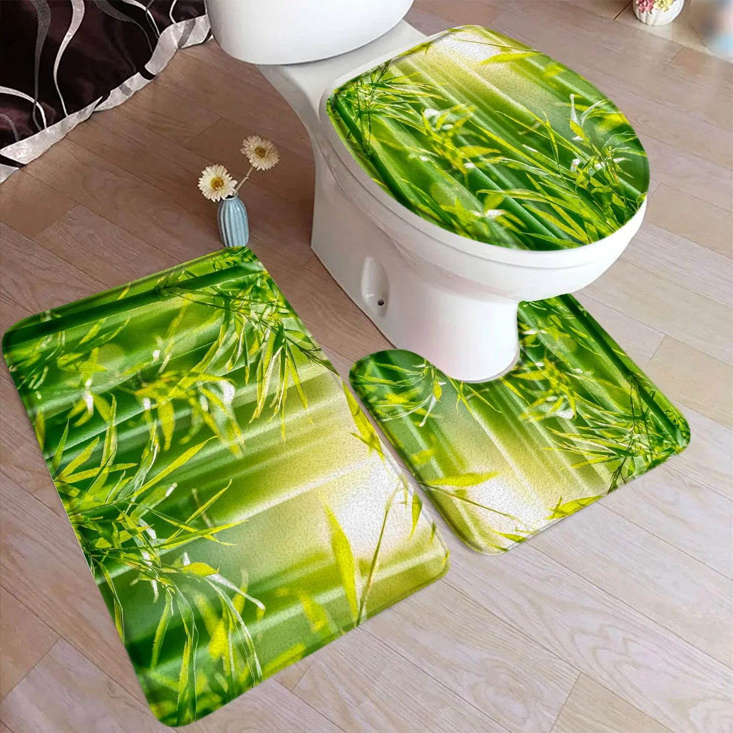Badematten-Set aus grünem Bambus, natürliche Blätter, Waldpflanzen, Heimteppich, Badezimmer, dekorative Bodenteppiche, U-Matte mit Toilettendeckelbezug