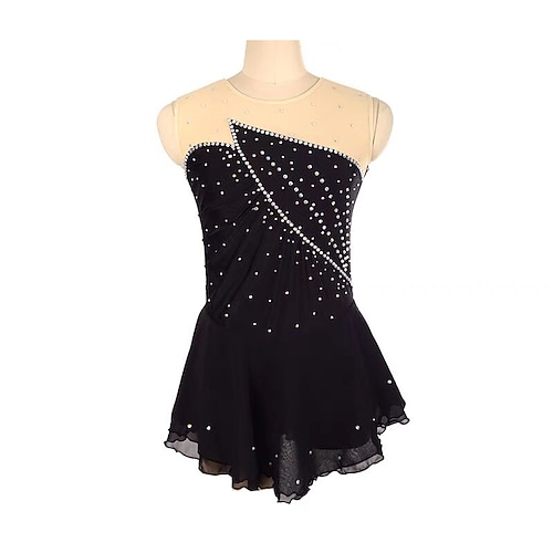Eiskunstlaufkleid Damen Mädchen Eislaufen Kleid Schwarz Patchwork Daumenloch Netzstoff Spandex Dehnbar Training Übung Professionell Eiskunstlaufkleidung Thermowarm Kristall / Strass Langarm Eislaufen Image