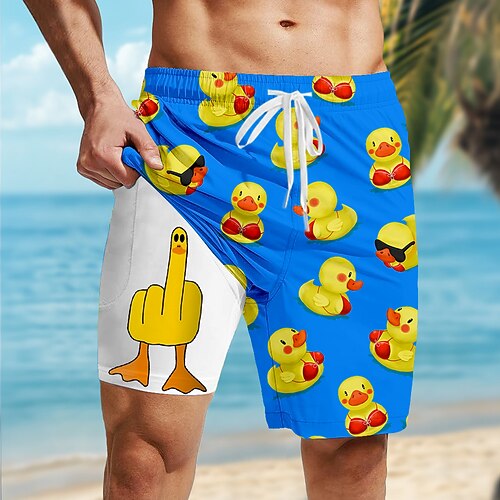 Herren Kleine gelbe Ente Lustig Gefütterte Shorts 2 in 1 Badeshorts Badeshorts Mittlere Taille Hawaiianisch Urlaub Strandbekleidung Seitentaschen Mit Kompressionsfutter Elastischer Kordelzug in der Image