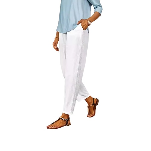 Damen Kunstbaumwollleinen Stoffhosen Sommerhose Lässig Volle Länge Natürliche Taille Einfach Tasche Elastischer Bund Bequem Außenbereich Ferien Ausgehen Kamel Schwarz Weiß Blau Sommer Normale Passform Image