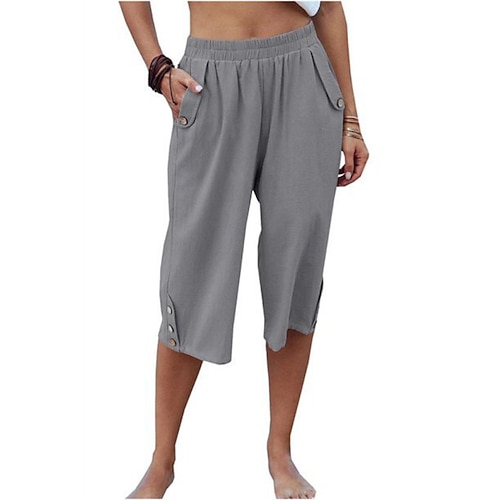 Damen Kunstbaumwollleinen Caprihose Stoffhosen Lässig Wadenlang Natürliche Taille Einfach Tasche Elastischer Bund Außenbereich Bequem Urlaub Straße Wein Grau Schwarz Rosa Sommer Normale Passform Image