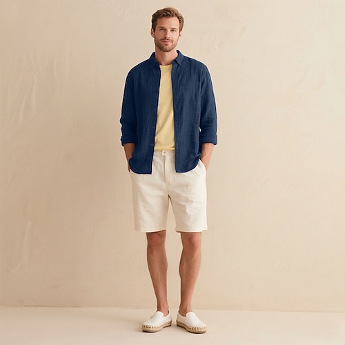 Herren Leinenhemd Durchgeknöpft Hemd Freizeithemd Einfarbig Formell Lässig Weiß Hellgrün Rote Dunkelmarine Langarm Umlegekragen Sommer Winter Bekleidung Rein Image