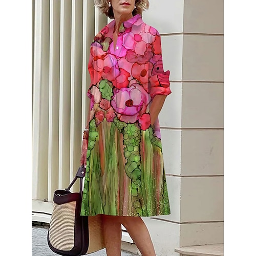 Damen Minikleid Hemdblusenkleid Freizeitkleid Sommerkleid Mode Täglich Urlaub Wochenende Normale Passform Blumen Langarm Hemdkragen Blau wasserblau Rosa Dunkelgrün Sommer Image