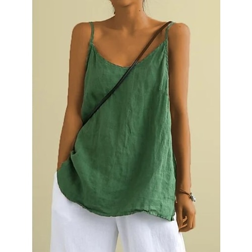 Damen Baumwoll-Leinen-Hemden Bluse Einfach Täglich Stilvoll Basic Ärmellos V Ausschnitt Normale Oberteile Täglich Arbeit Ferien Blau Schwarz Weiß Gelb Grün Sommer Image