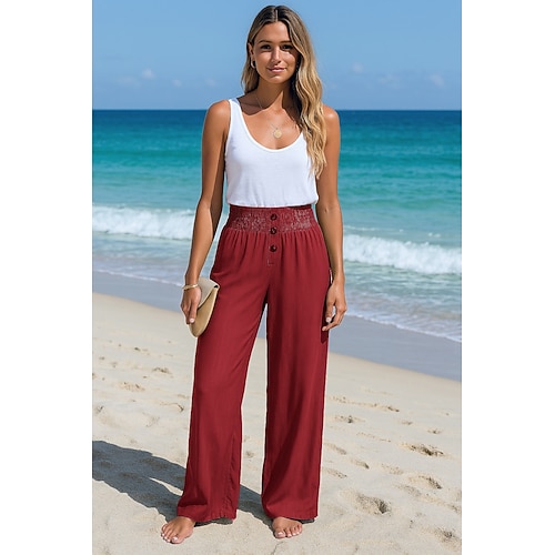 Damen Kunstbaumwollleinen Weites Bein Komfort Volle Länge Hohe Taille Einfach Tasche Elastischer Bund Bequem Außenbereich Alltagskleidung Schwarz Weiß Wein Grün Sommer Normale Passform Image