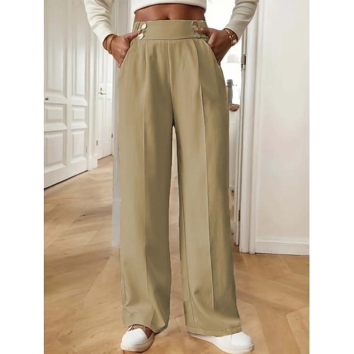 Damen Stoffhosen Mode Chino Volle Länge Hohe Taille Einfach Tasche Bequem Weich Unelastisch Büro / Karriere Alltagstauglich Aprikose Schwarz Dunkelmarine Khaki Frühling, Herbst, Winter, Sommer Image