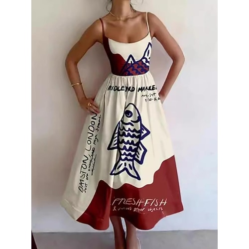Damen Midikleid Etui-Kleid Urlaub Lässig Formell Party Grafik Tiermotiv Fisch Ärmellos Spaghettiträger WeißSchwarz Blau Weiß Weiß Rote Sommer Frühling Image