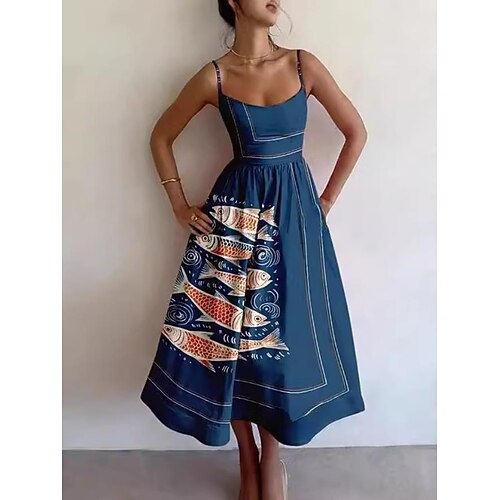 Damen Midikleid Etui-Kleid Urlaub Lässig Formell Party Grafik Tiermotiv Fisch Ärmellos Spaghettiträger WeißSchwarz Blau Weiß Weiß Rote Sommer Frühling Image