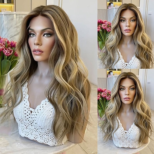 Remy Echthaar 5x5 Verschluss 13x4 Spitzenfront Perücke Freier Scheitel Brasilianisches Haar Gewellt Blond Perücke 130% 150% Haardichte Ombre-Haar Hervorgehobenes / Balayage-Haar Natürlicher Image