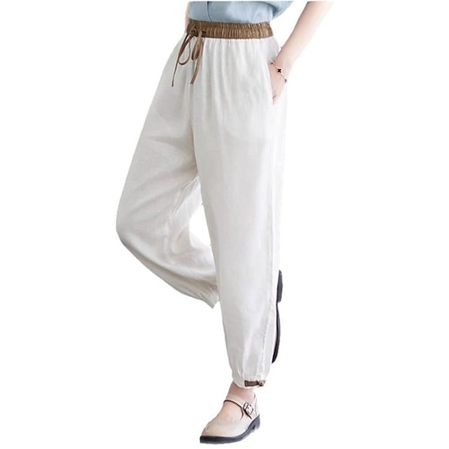 Damen Baumwoll Mischung Stoffhosen Streetwear Lässig Volle Länge Natürliche Taille Farbblock Patchwork Tasche Elastisches Kordelzugdesign Bequem Außenbereich Straße Ausgehen Aprikose Weiß Grün Sommer Image