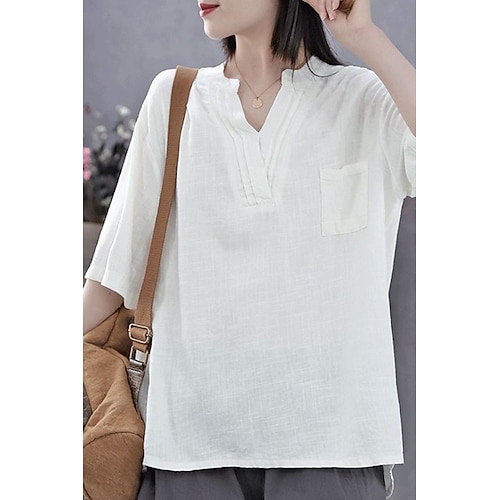 Damen Bluse Kunstbaumwollleinen Tasche Einfach Modern Lässig Dreiviertelarm V Ausschnitt Normale Oberteile Täglich Ferien Ausgehen Weiß Gelb Marineblau Sommer Image
