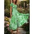 Damen Maxikleid Strickkleid Freizeitkleid A Linie Kleid Sommerkleid Urlaub Vintage Ethnisch Normale Passform Blumen Grafik Geometrisch Kurzarm Quadrathals Rundausschnitt Rosa Blau Grün Sommer Frühling