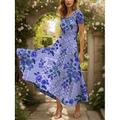Damen Maxikleid Strickkleid Freizeitkleid A Linie Kleid Sommerkleid Urlaub Vintage Ethnisch Normale Passform Blumen Grafik Geometrisch Kurzarm Quadrathals Rundausschnitt Rosa Blau Grün Sommer Frühling