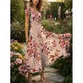 Damen Maxikleid Strickkleid Freizeitkleid A Linie Kleid Sommerkleid Urlaub Vintage Ethnisch Normale Passform Blumen Grafik Geometrisch Kurzarm Quadrathals Rundausschnitt Rosa Blau Grün Sommer Frühling