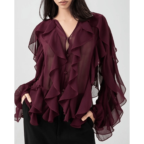 Damen Hemd Bluse Geschichtet Einfach Stilvoll Modern Langarm V Ausschnitt Normale Oberteile Ferien Ausgehen Wein Sommer Image