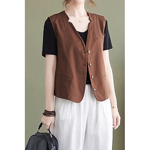 Damen Baumwoll-Leinen-Hemden Leinenhemd Bluse Tasche Knöpfe Einfach Modern Lässig Ärmellos V Ausschnitt Normale Oberteile Täglich Ferien Ausgehen Blau Braun Aprikose Sommer Image
