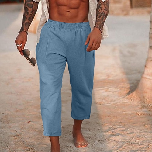Herren Leinenhosen Hose Sommerhose Strandhose Plissiert Elastischer Bund Gerader Schnitt Einfach Komfort Atmungsaktiv Knöchellang Outdoor Lässig Ferien Mode Retro Vintage Schwarz Marineblau Image