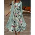 Frauen Kleid Set Midi Kleid Sommer Kleid Lässig Halbformal Floral Grafik Druck 3/4 Länge Ärmel Rundhalsausschnitt Alltag Urlaub Grün Sommer Frühling Reguläre Passform