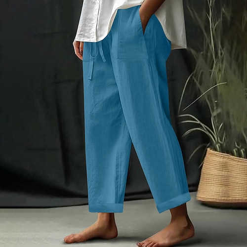 Damen EU- / US-Größe Kunstbaumwollleinen Strandshorts Komfort Volle Länge Natürliche Taille Einfarbig Alltagstauglich Dunkelgrün Dunkelbraun Schwarz 3 # Weiß Frühling, Herbst, Winter, Sommer Lässiger Image