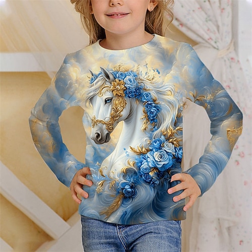 Mädchen 3D Tiermotiv Pferd T-Shirt Langarm Frühling Herbst Mode Basic Kinder 4-12 Jahre Rundhalsausschnitt Outdoor Lässig Täglich Normale Passform Image