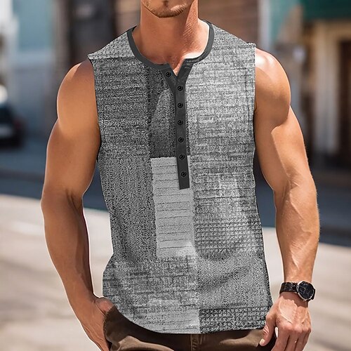 Herren Patchwork Vintage Tank Top Henley Hemd Ärmellos Vintage Mode Designer Outdoor Lässig Täglich Sommer Frühling Herbst Blau Grau Grün Khaki Henley Henley T-Shirt Image