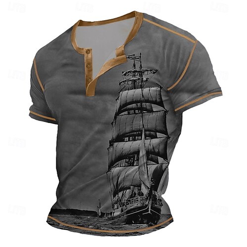 Herren Vintage Segelboot Henley Hemd T-Shirt Kurzarm Vintage Mode Designer Outdoor Lässig Täglich Sommer Frühling Herbst Dunkel Braun Grau Henley Henley T-Shirt Image