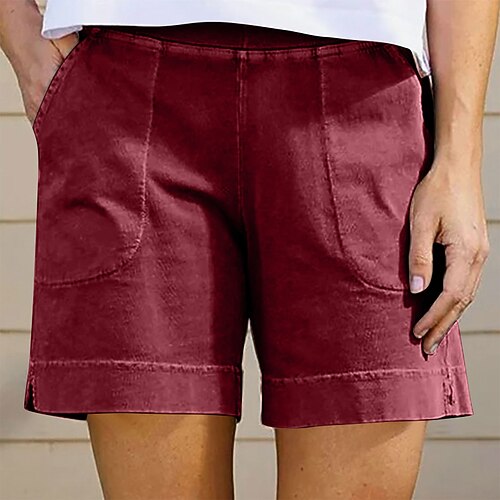 Damen Kunstbaumwollleinen Shorts Stoffhosen Sommershorts Lässig Kurz Natürliche Taille Einfach Tasche Elastischer Bund Bequem Außenbereich Täglich Ferien Wein Grau Schwarz Weiß Sommer Normale Passform Image