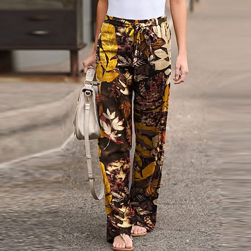 Damen Kunstbaumwollleinen Stoffhosen Sommerhose Mode Streetwear Volle Länge Natürliche Taille Blume Drucken Bequem Außenbereich Alltagskleidung Wochenende Dunkelrot Gelbbraun Gold-Honig Marineblau Image