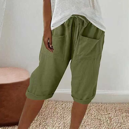 Damen Caprihose Kunstbaumwollleinen Stoffhosen Sommershorts Lässig Wadenlang Natürliche Taille Einfach Tasche Elastischer Bund Bequem Außenbereich Outdoor Wochenende Grau Schwarz Weiß Grün Sommer Image