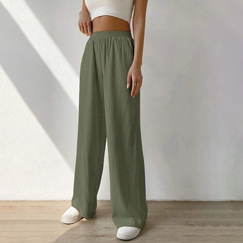 Damen Kunstbaumwollleinen Stoffhosen Streetwear Lässig Volle Länge Natürliche Taille Einfach Tasche Elastischer Bund Bequem Alltagstauglich Wochenende Aprikose Hellhimmelblau Schwarz Armeegrün Sommer Image