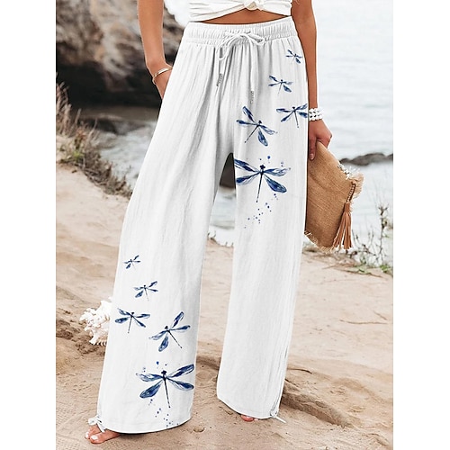 Damen Weites Bein Baggy-Hosen Strandshorts Urlaub Vintage Mode Volle Länge Hohe Taille Grafik Blume / Blumenmuster Kordelzug Drucken Weich Atmungsaktiv Mikroelastisch Lässig Täglich Urlaub Weiß Blau Image