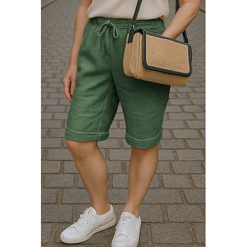 Damen Hose aus Baumwollleinen Chinos Schnitt Mode Streetwear Komfort Knielang Hohe Taille Einfach Tasche Elastischer Bund Bequem Außenbereich Straße Alltagskleidung Ausgehen Weinrot Dunkelgrün Image