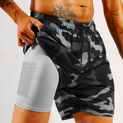 Herren Tarnung Gefütterte Shorts 2 in 1 Badeshorts Badeshorts Mittlere Taille Hawaiianisch Urlaub Ferien Strandbekleidung Seitentaschen Mit Kompressionsfutter Elastischer Kordelzug in der Taille Image